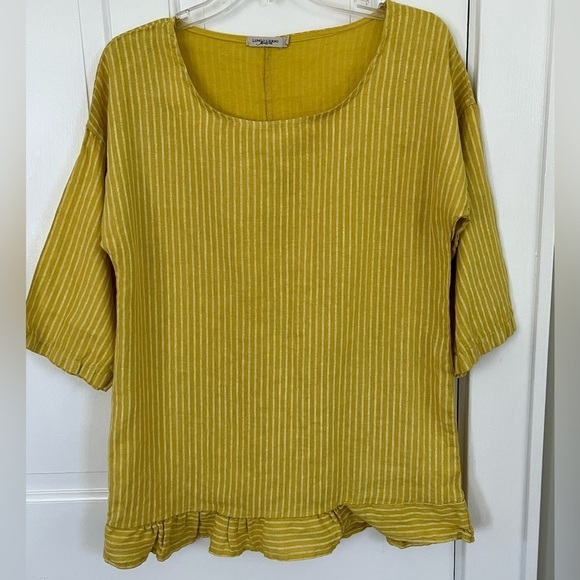 Lungo L’arno Tops - Lungo L'Arno 100% Linen Made in Italy Mustard Striped Ruffle Tunic Top L Boho